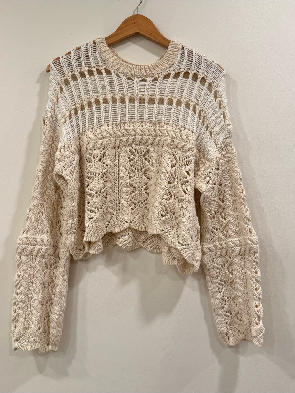 Zara Cream Knit Crochet Boho Sweater